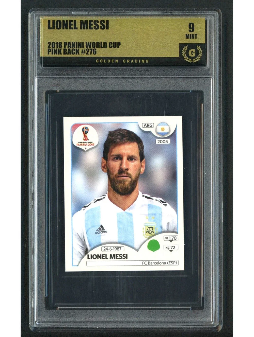 2018 Panini WC. Stickers #276 LIONEL MESSI Pink Back Argentina Graded Mint 9